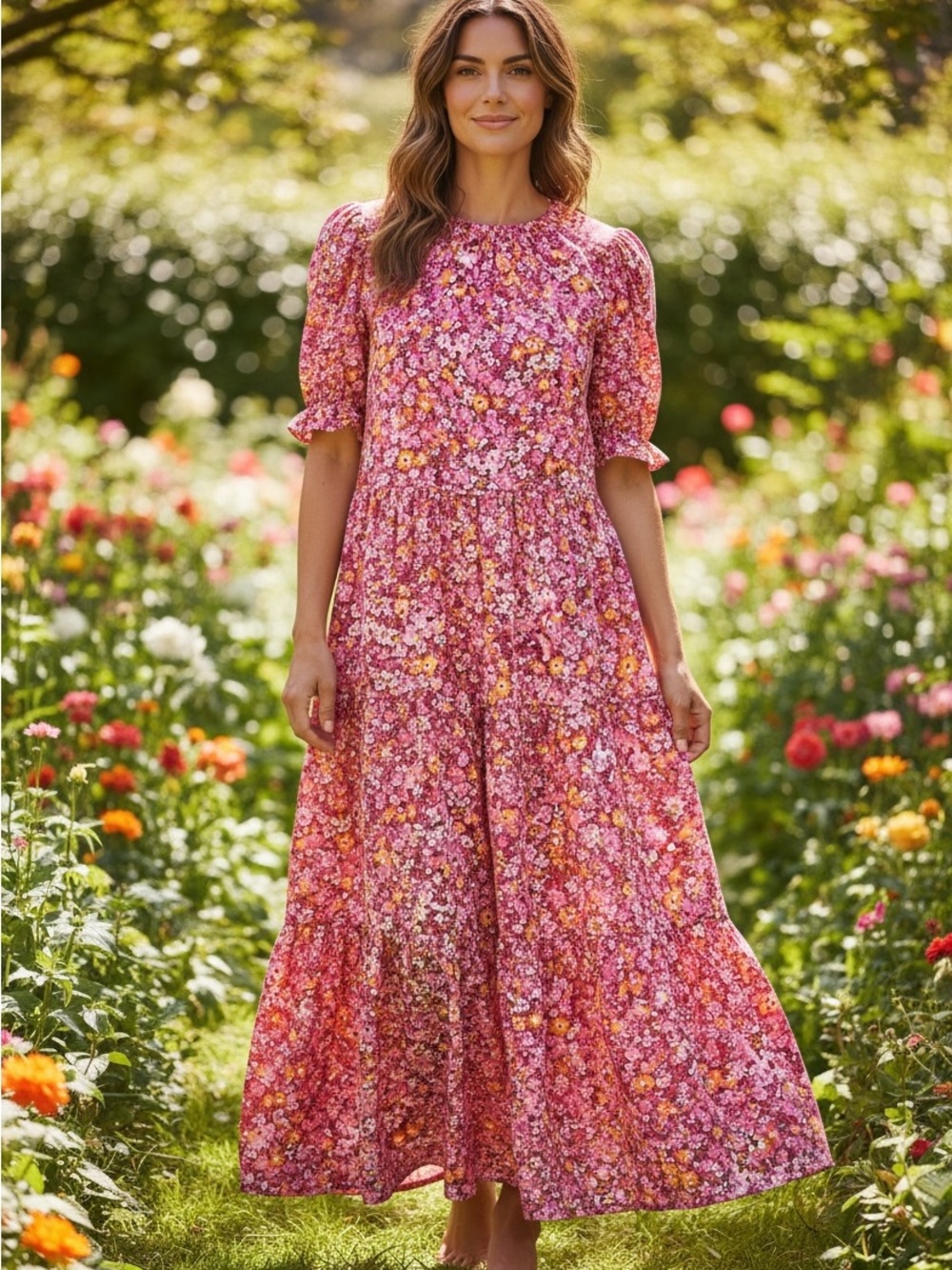 J. Crew Factory Puff-sleeve tiered midi dress in Vintage Burgundy Pink Size Med